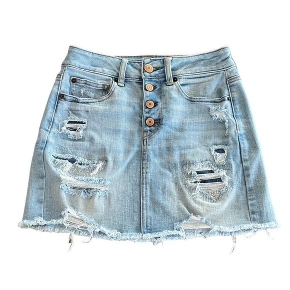 American Eagle Outfitters Dresses & Skirts - American Eagle Distressed Button Fly Super Stretch X Mini Jean Skirt Size 2